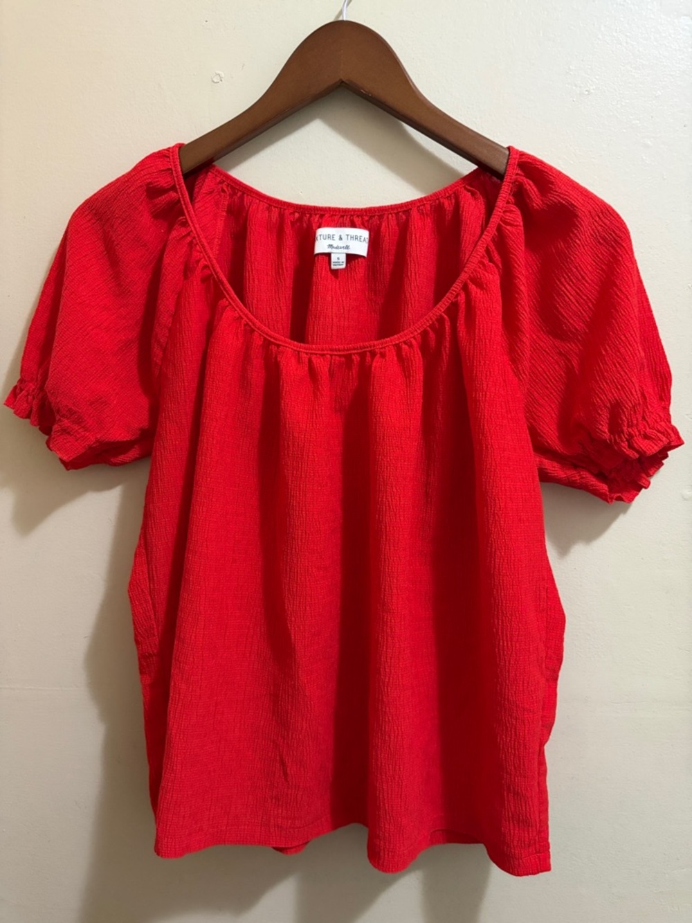 Madewell Red Textured Puff-Sleeve Blouse